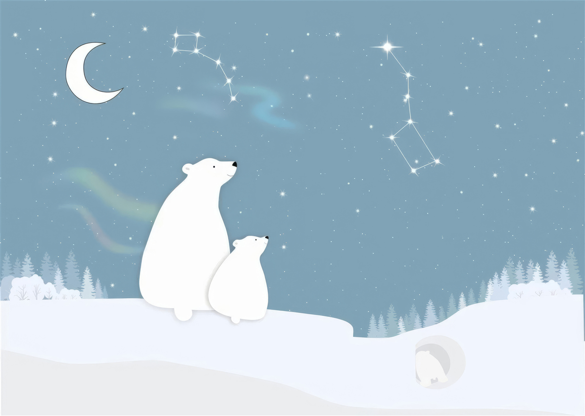 Фотошпалери ведмедиця з ведмежатами дивиться на зорі