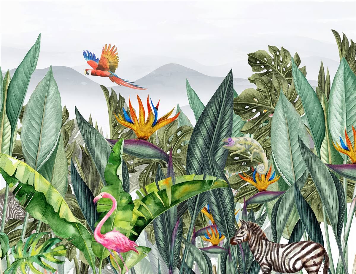 Фотошпалери різноманітна зелень з тваринами та птахами