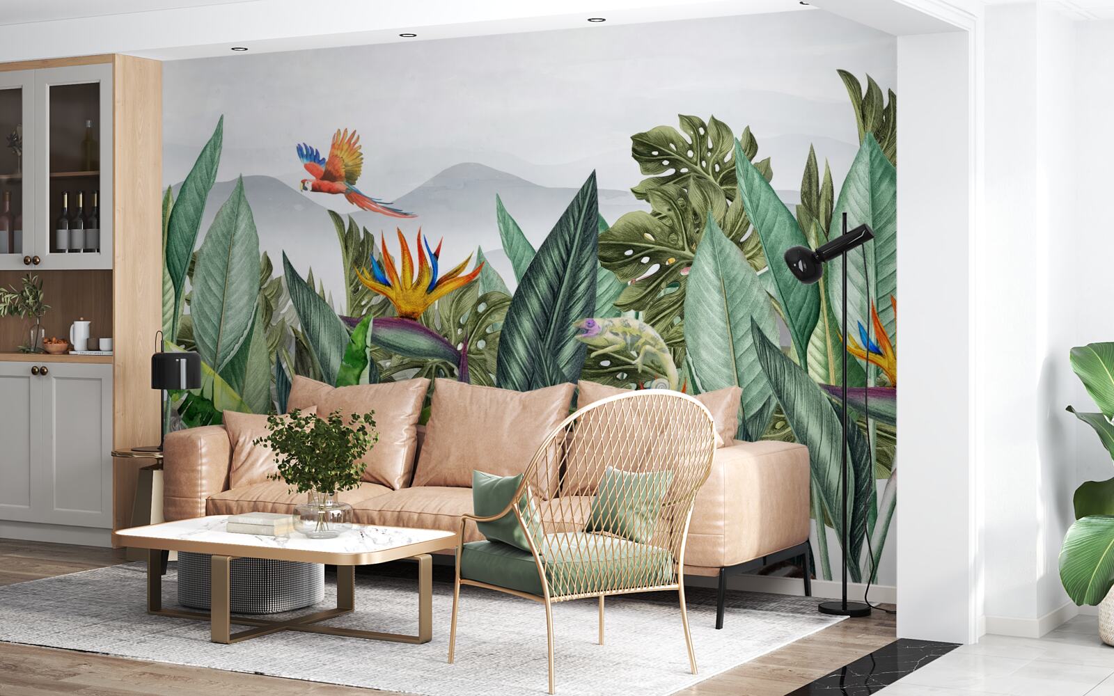 Фотошпалери різноманітна зелень з тваринами та птахами