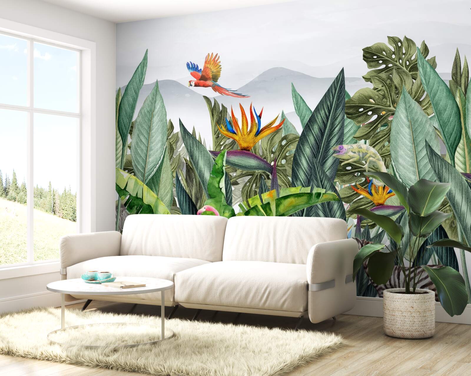 Фотошпалери різноманітна зелень з тваринами та птахами