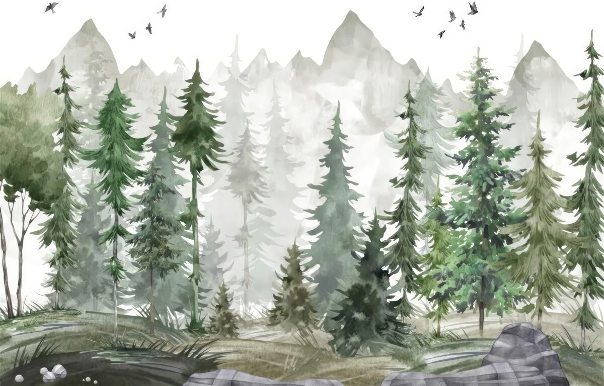 Фотошпалери ліс і гори, намальовані аквареллю