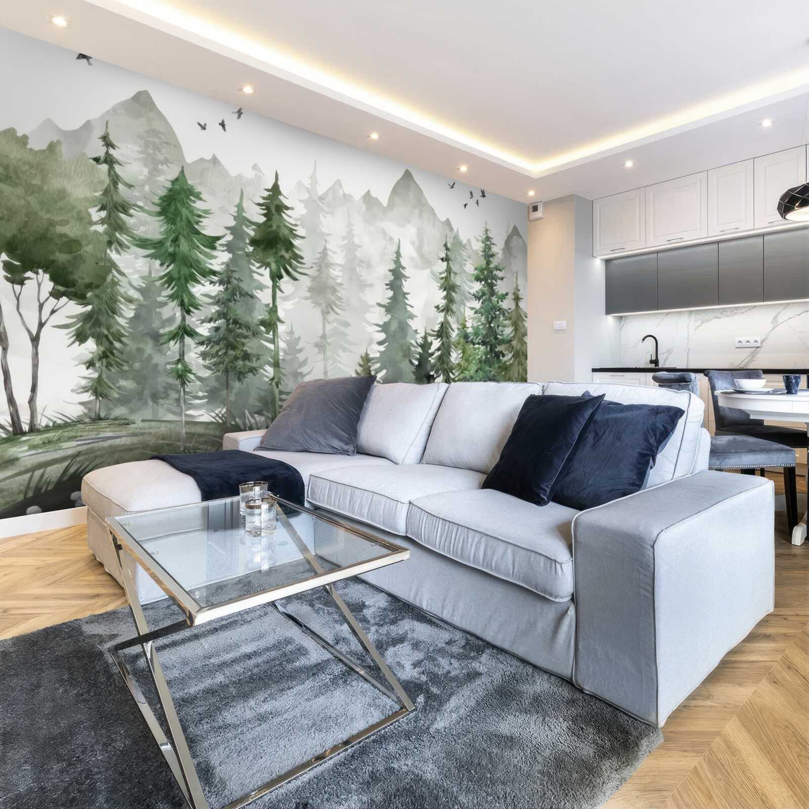 Фотошпалери ліс і гори, намальовані аквареллю