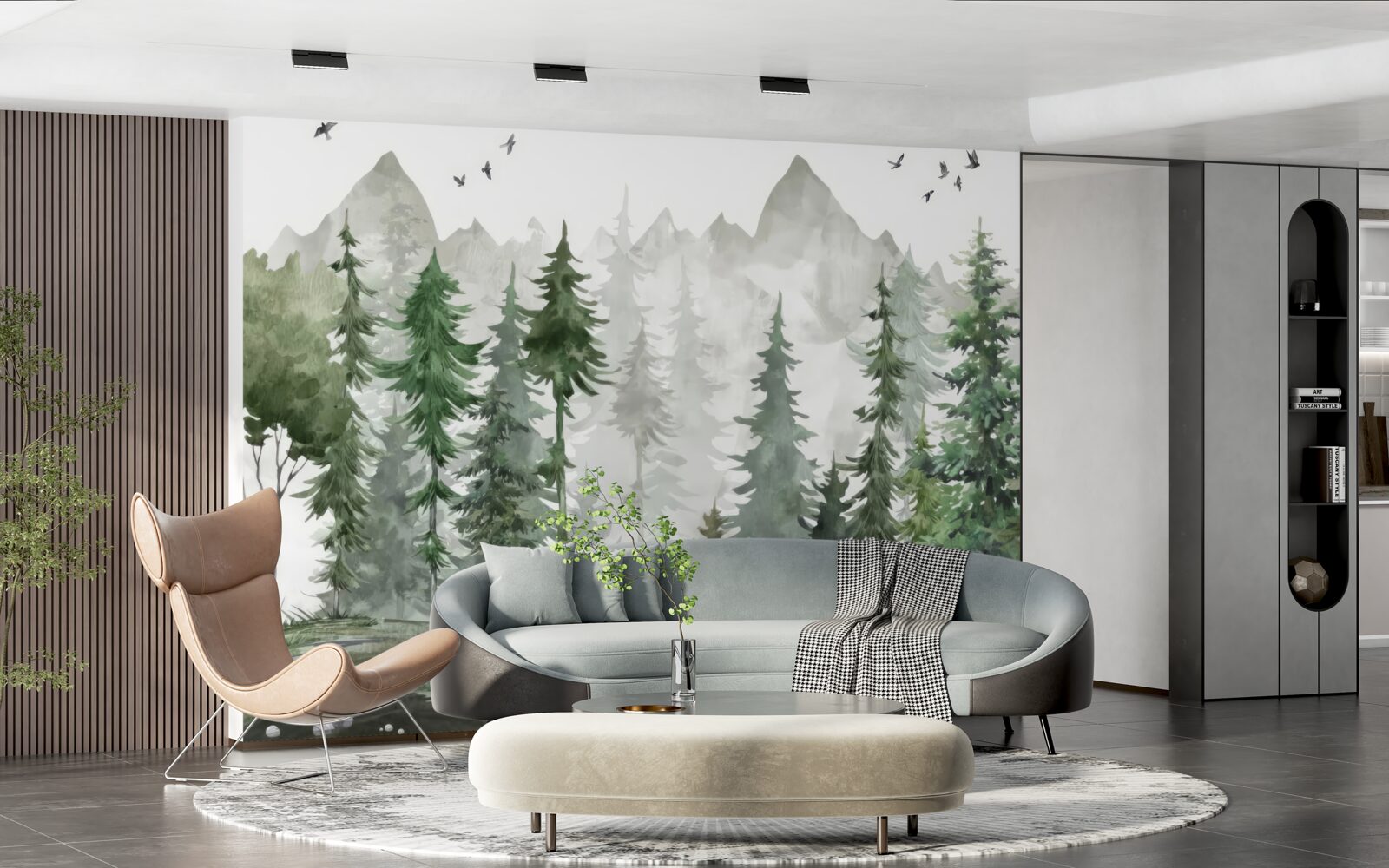 Фотошпалери ліс і гори, намальовані аквареллю