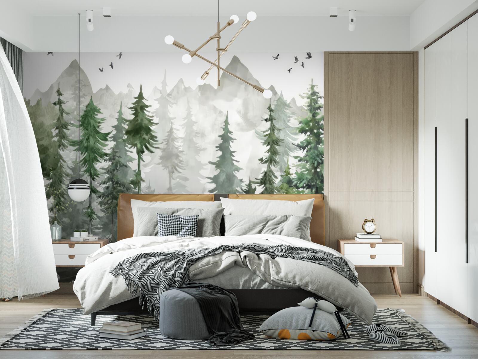 Фотошпалери ліс і гори, намальовані аквареллю