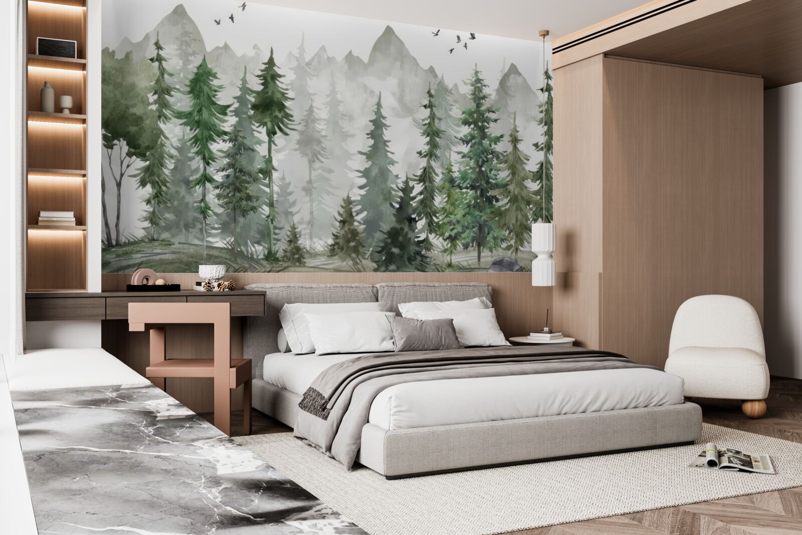 Фотошпалери ліс і гори, намальовані аквареллю