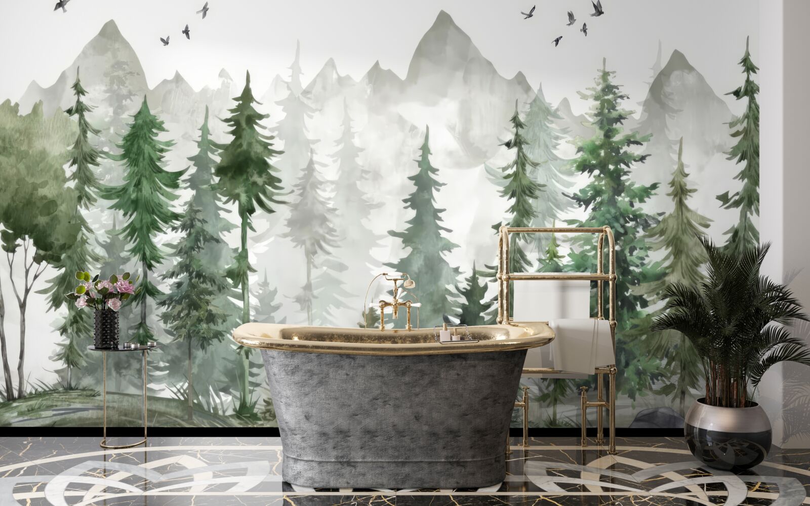 Фотошпалери ліс і гори, намальовані аквареллю