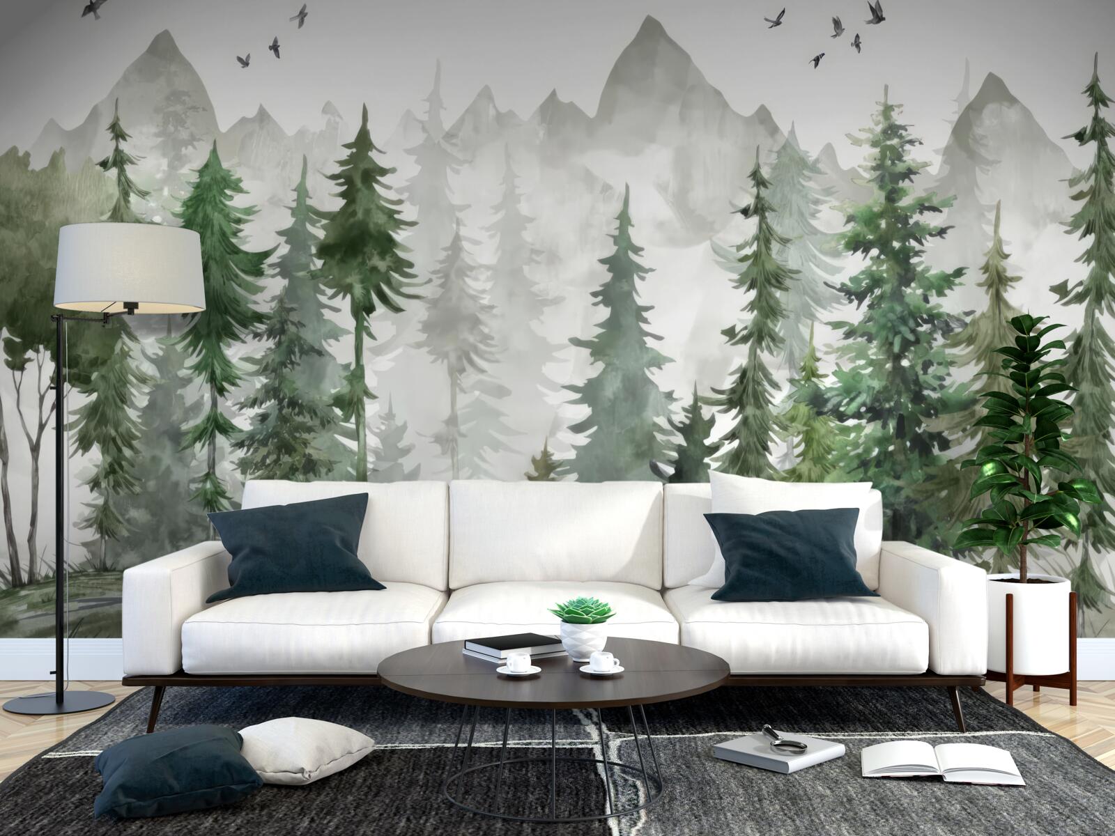 Фотошпалери ліс і гори, намальовані аквареллю