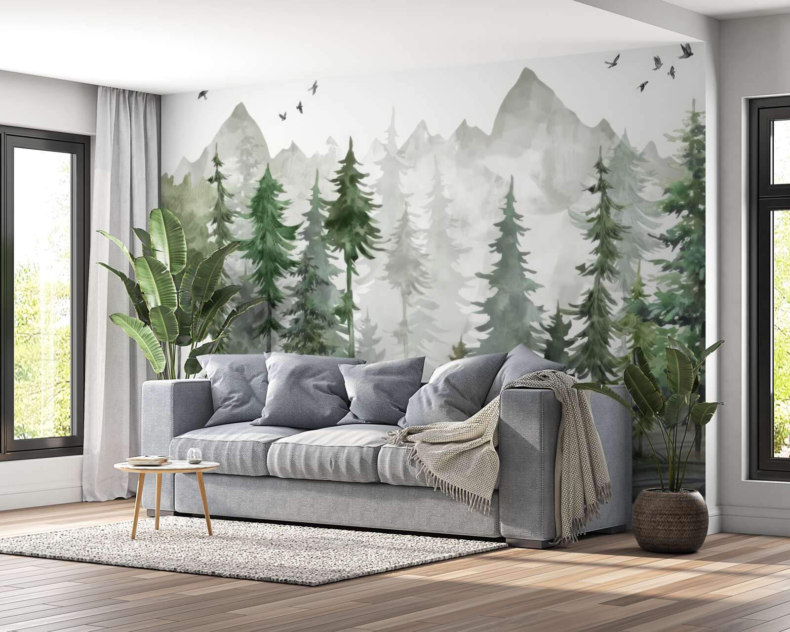 Фотошпалери ліс і гори, намальовані аквареллю