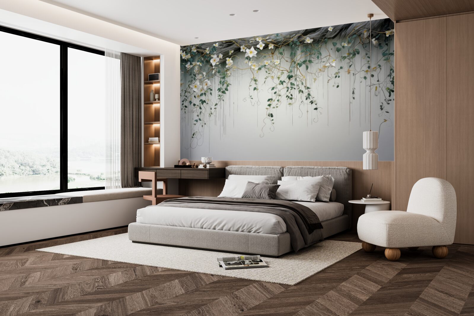 Фотошпалери гілки з білими квітами