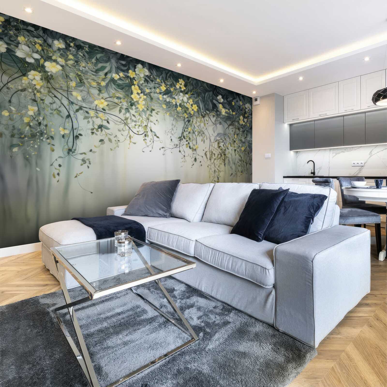 Фотошпалери зелені рослини з жовтими квітами, що звисають