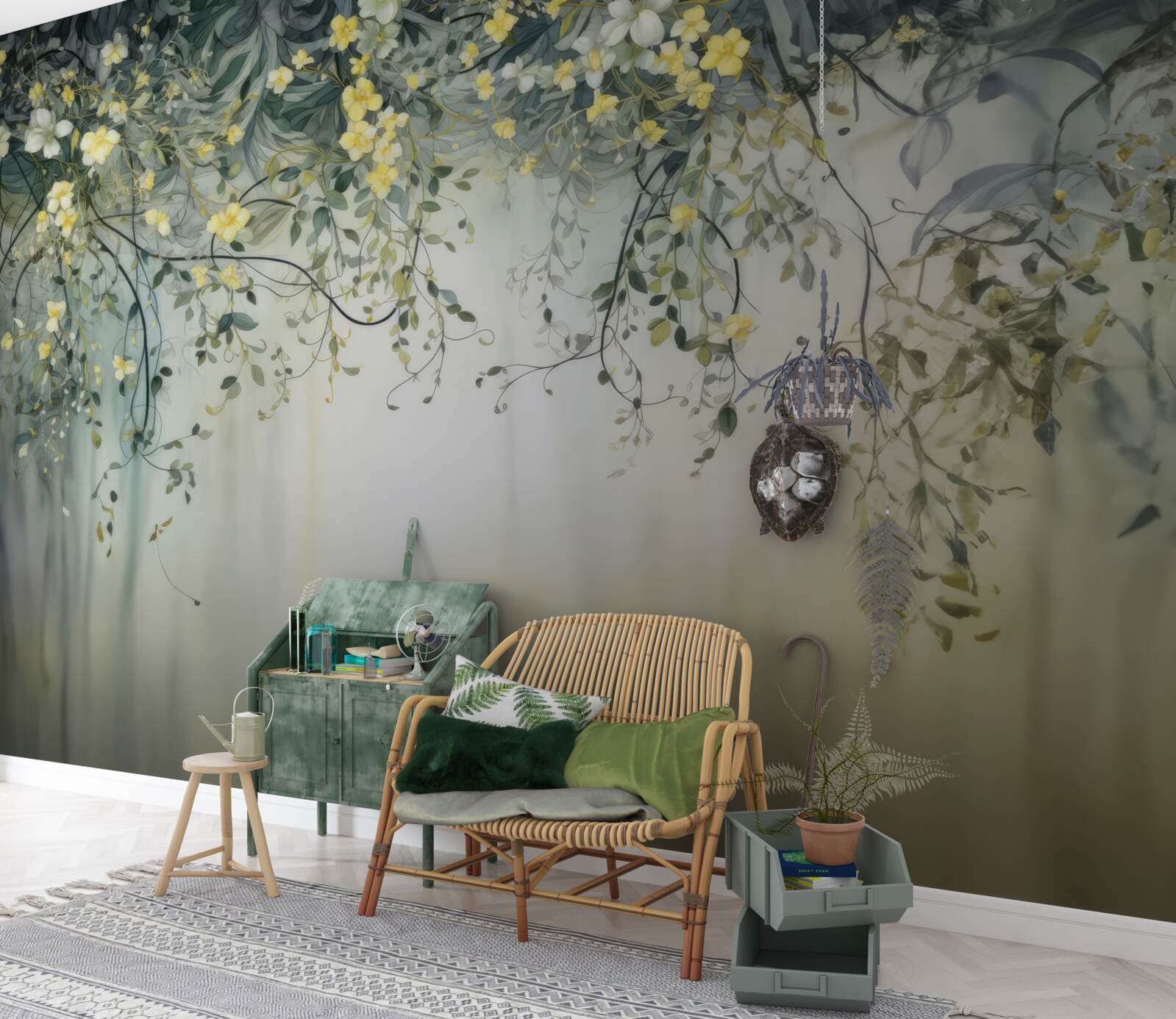 Фотошпалери зелені рослини з жовтими квітами, що звисають