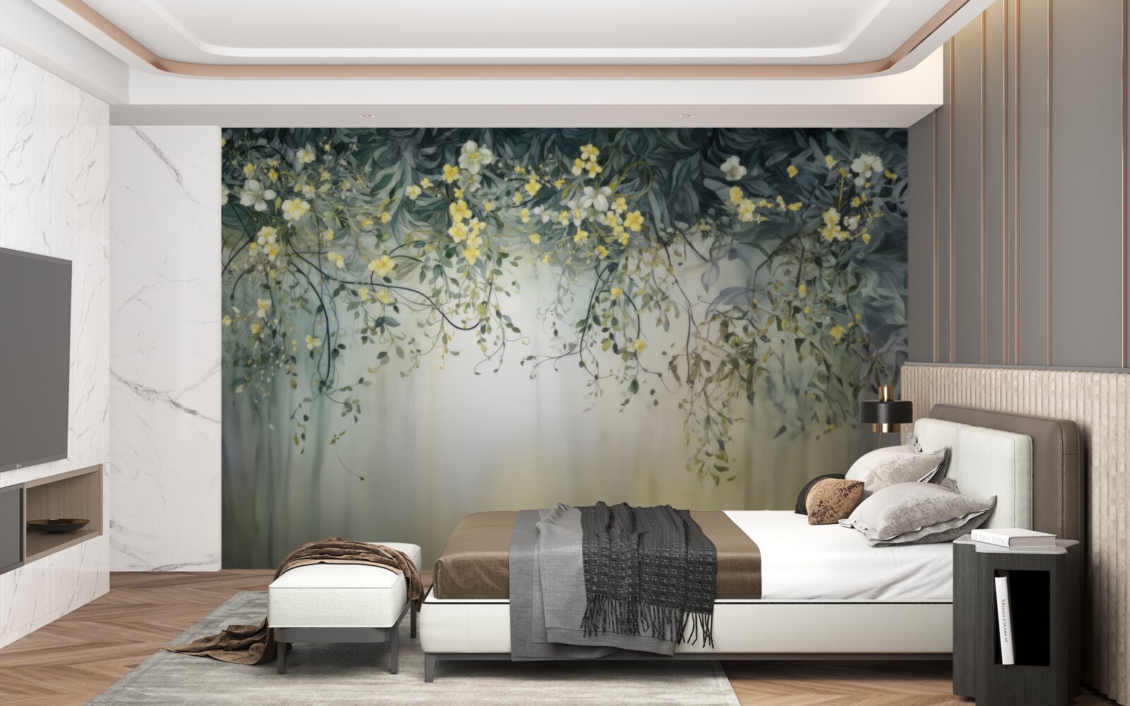 Фотошпалери зелені рослини з жовтими квітами, що звисають