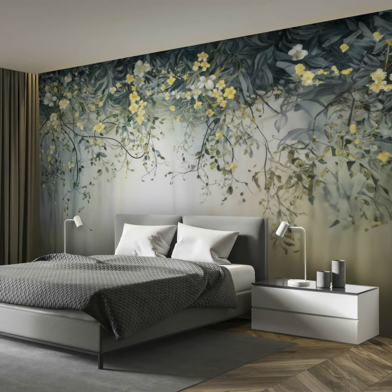 Фотошпалери зелені рослини з жовтими квітами, що звисають