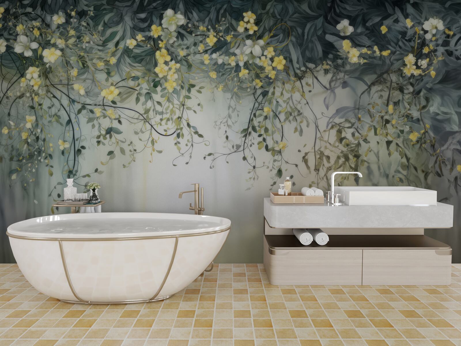 Фотошпалери зелені рослини з жовтими квітами, що звисають