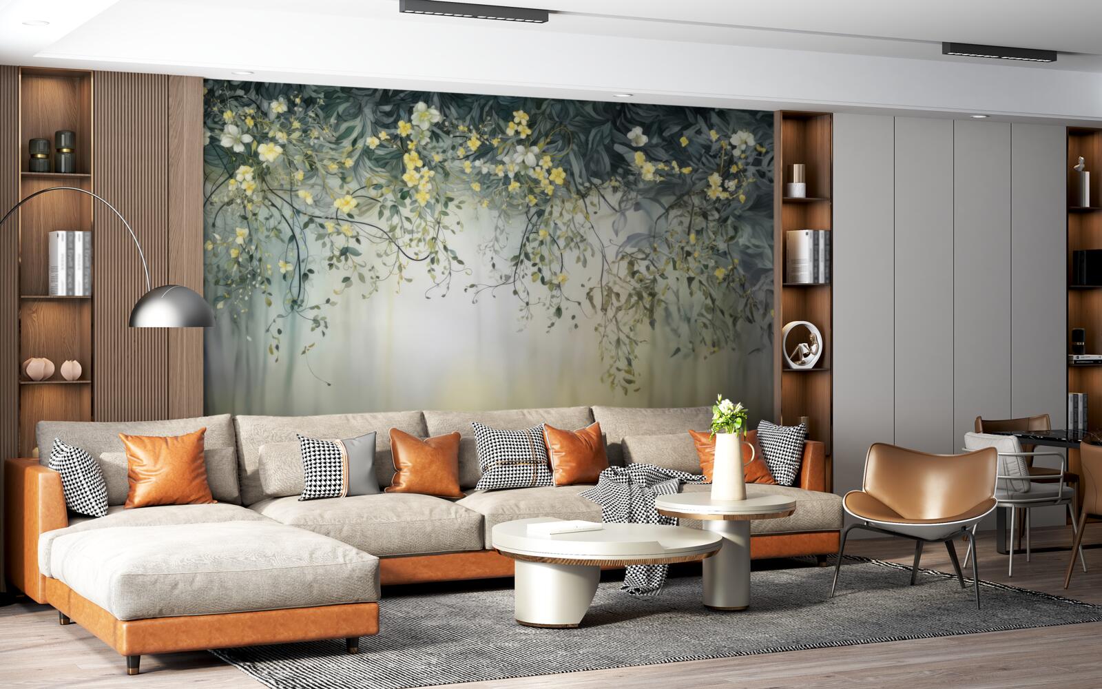 Фотошпалери зелені рослини з жовтими квітами, що звисають