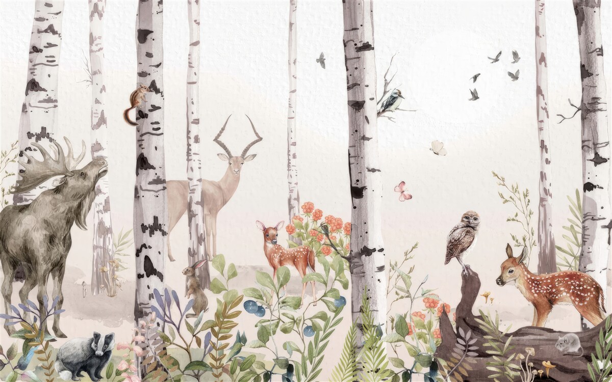 Фотошпалери тварини гуляють серед дерев у лісі