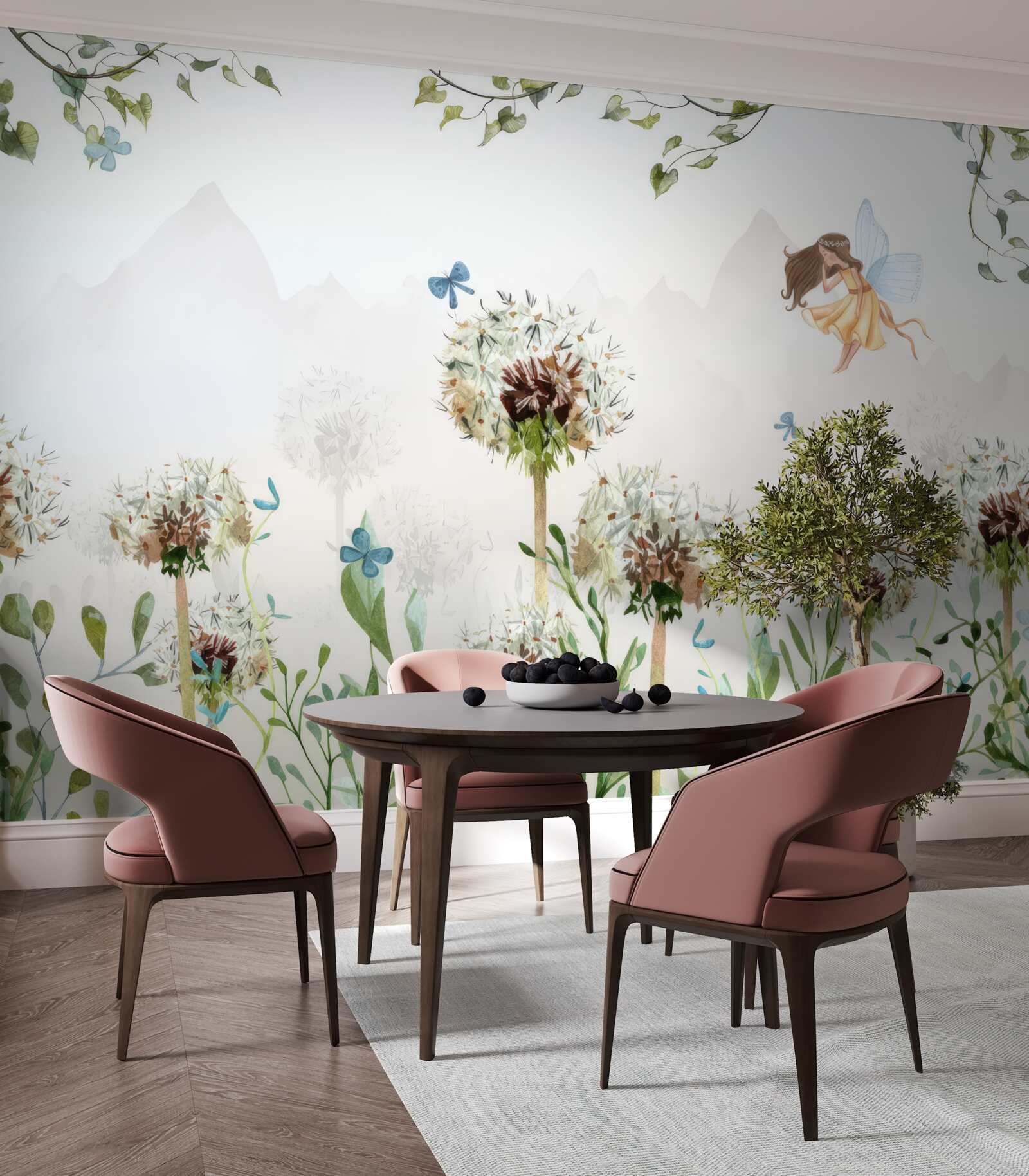 Фотошпалери чаклунка ширяє над квітами