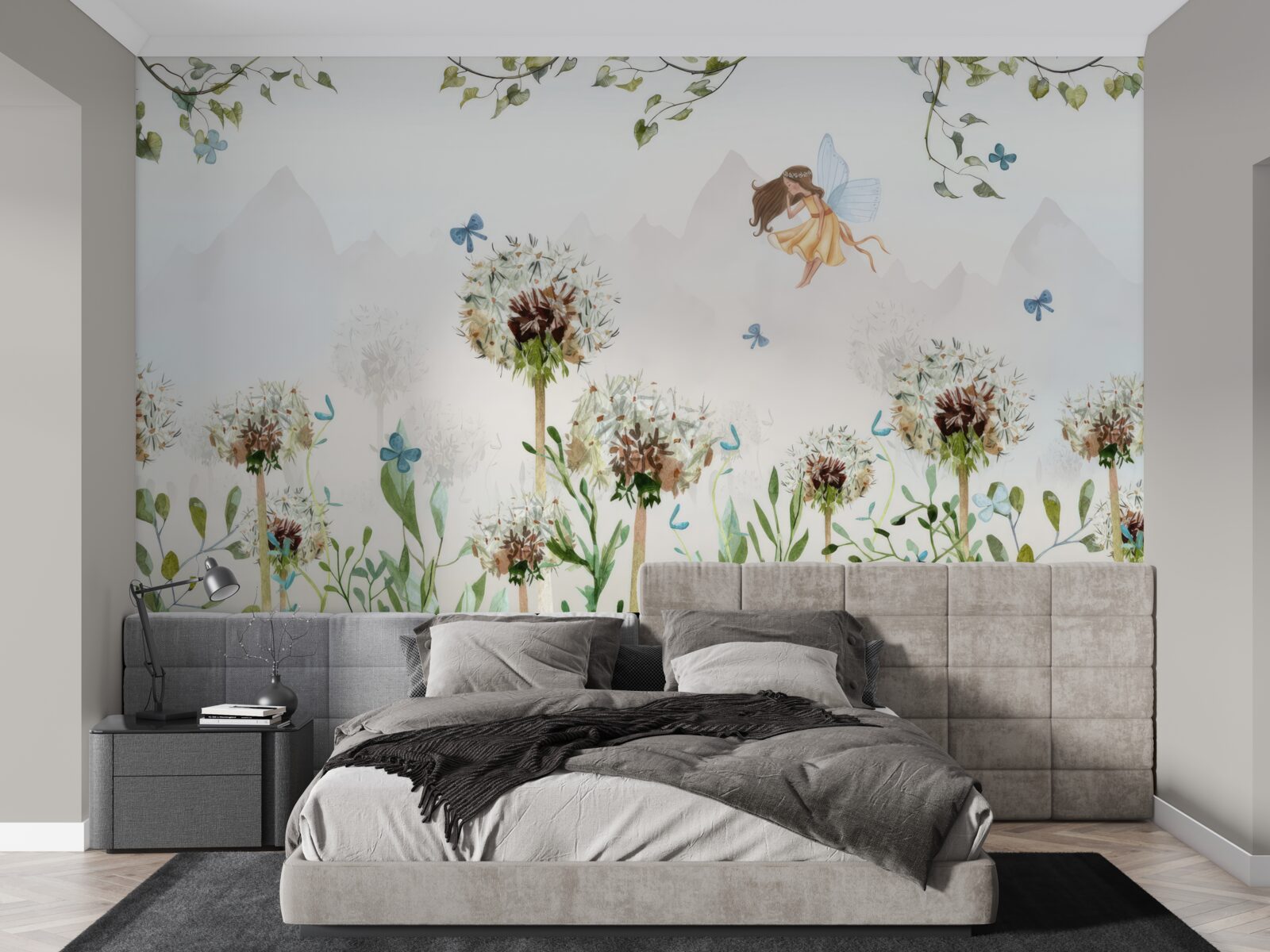 Фотошпалери чаклунка ширяє над квітами