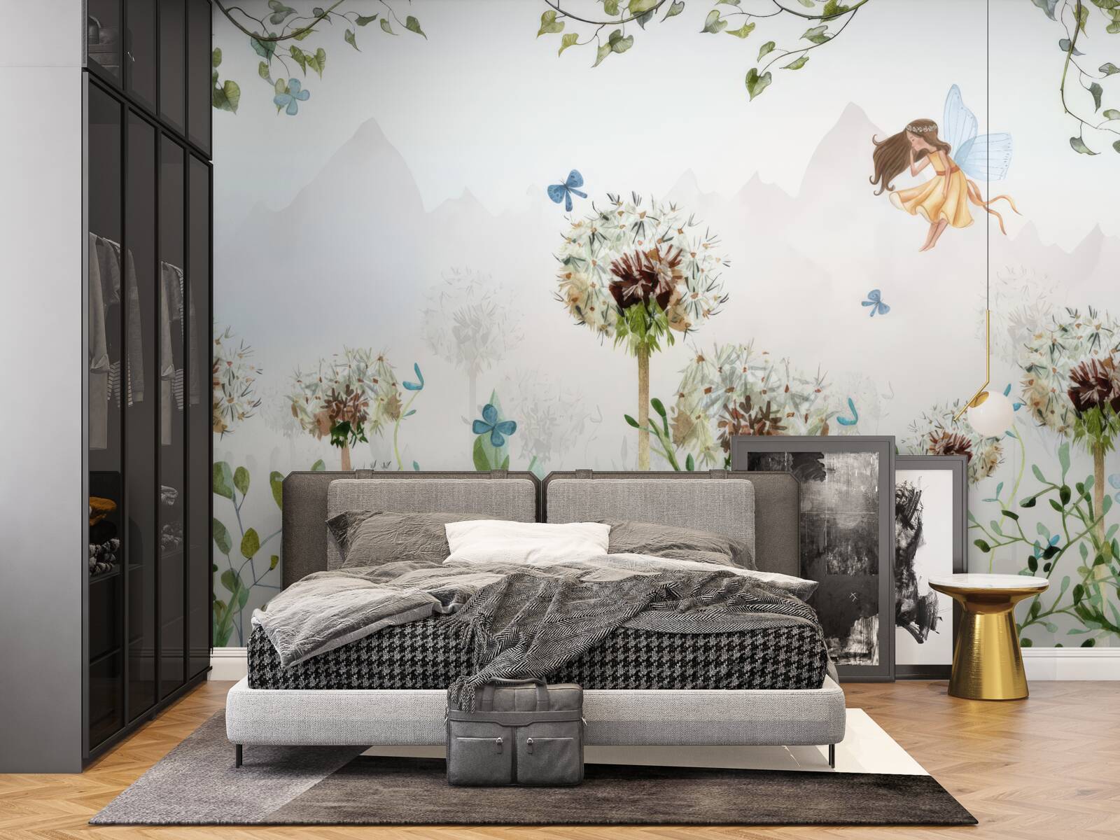 Фотошпалери чаклунка ширяє над квітами