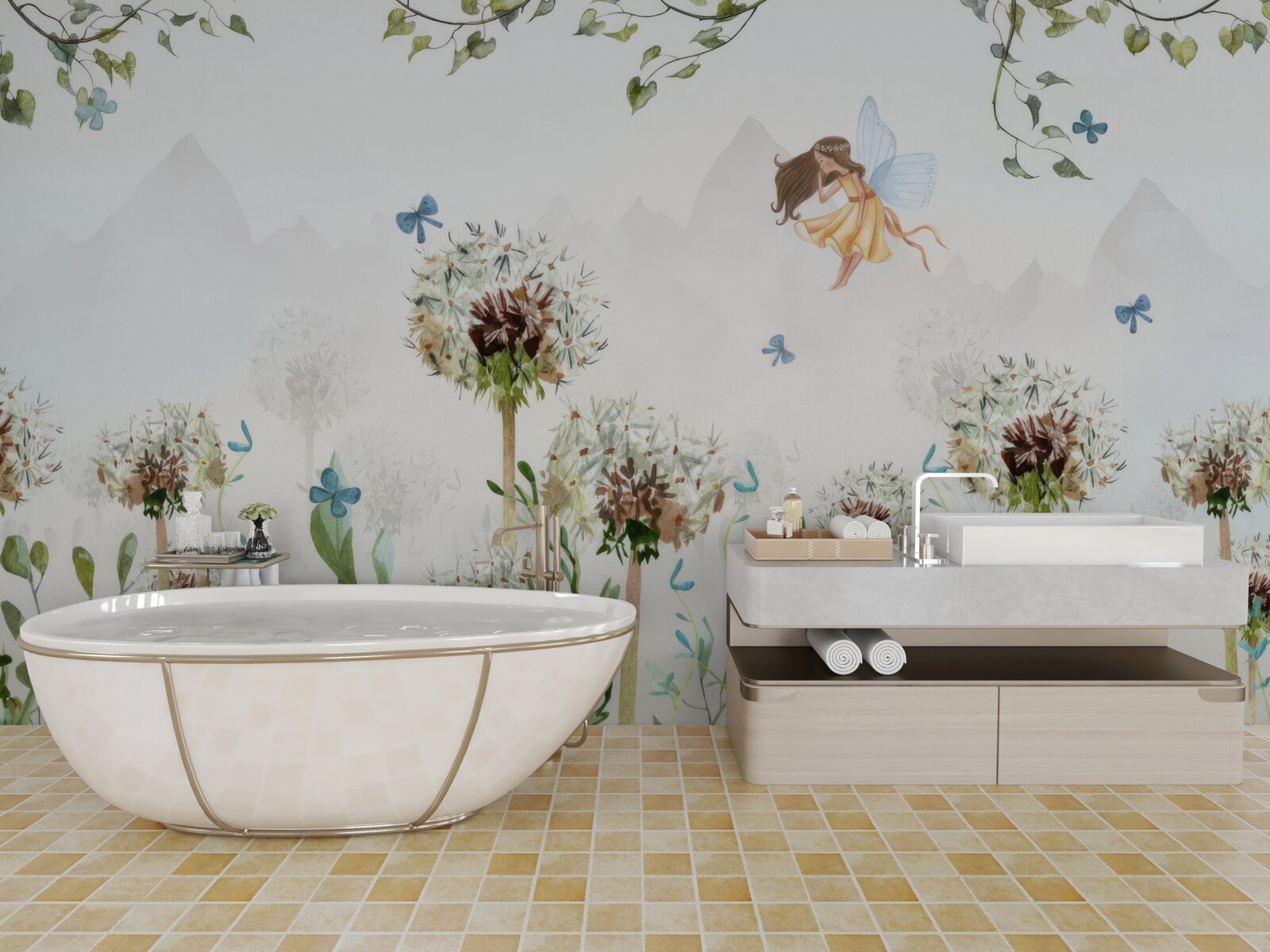 Фотошпалери чаклунка ширяє над квітами