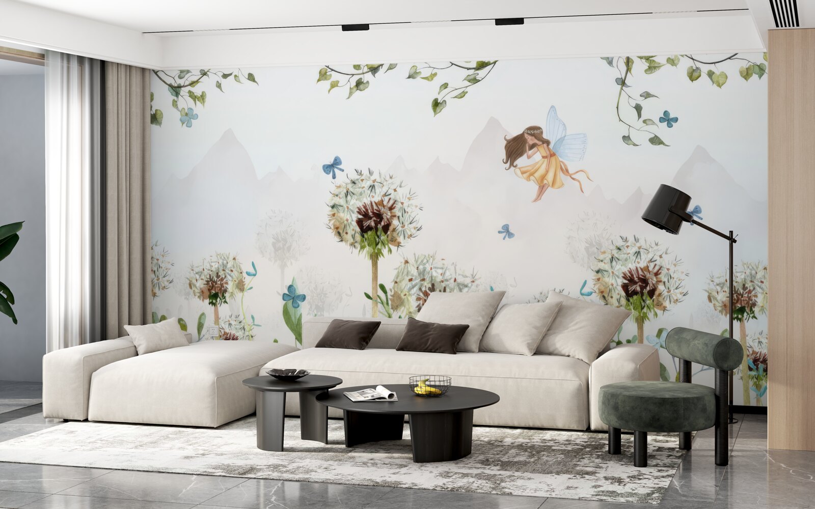 Фотошпалери чаклунка ширяє над квітами