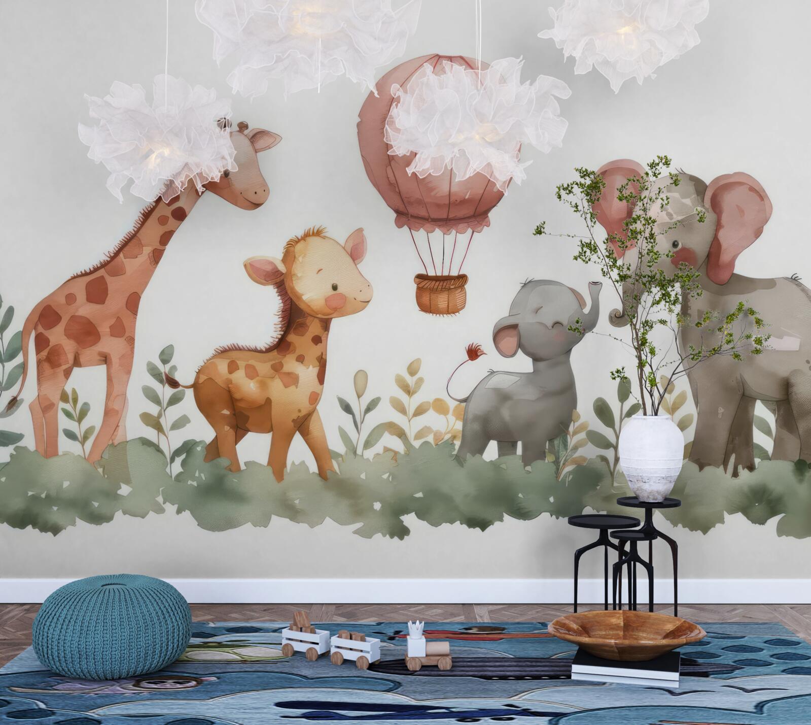 Фотошпалери слоненята та жирафи