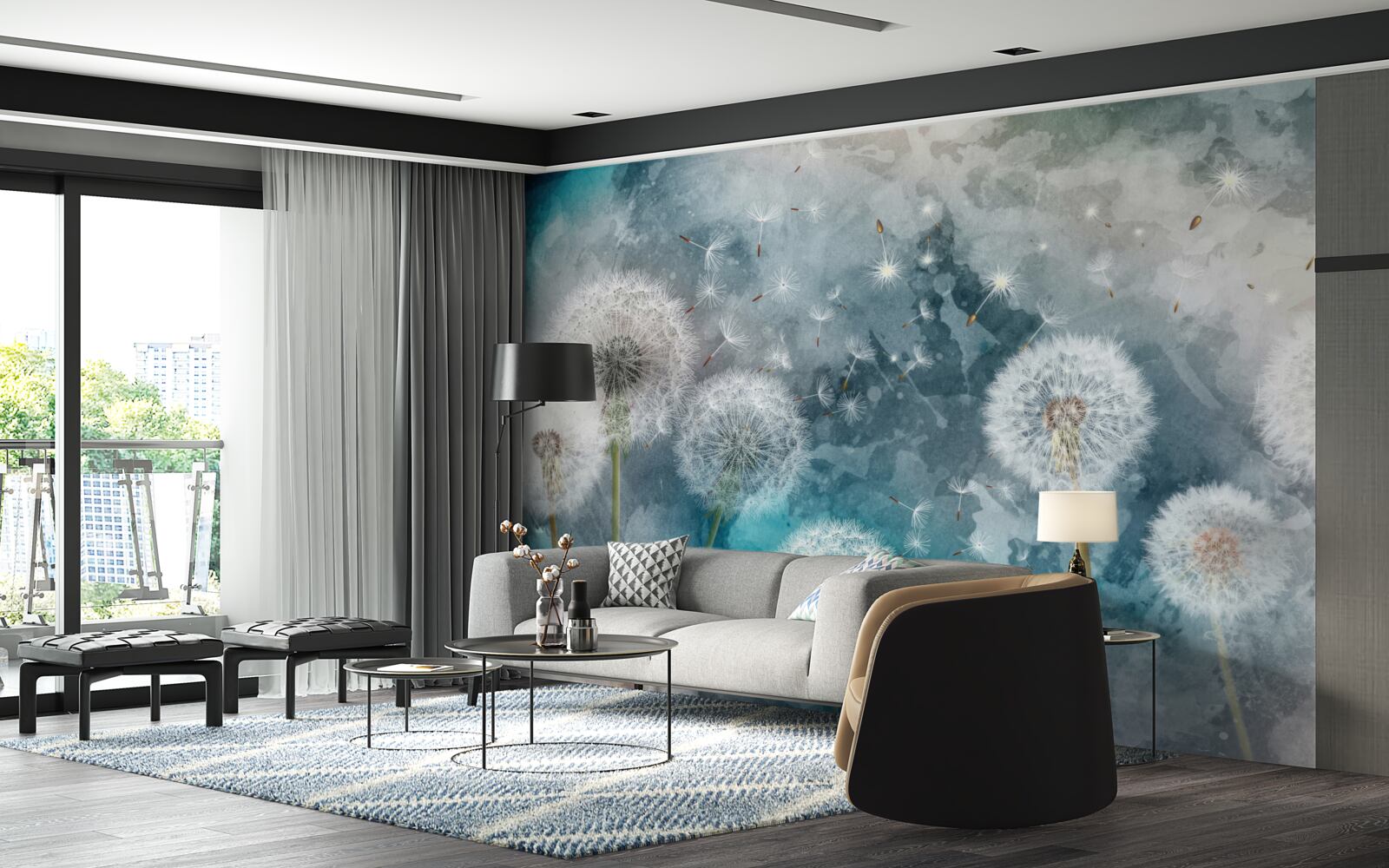 Фотошпалери Жовті квіти на синьому тлі