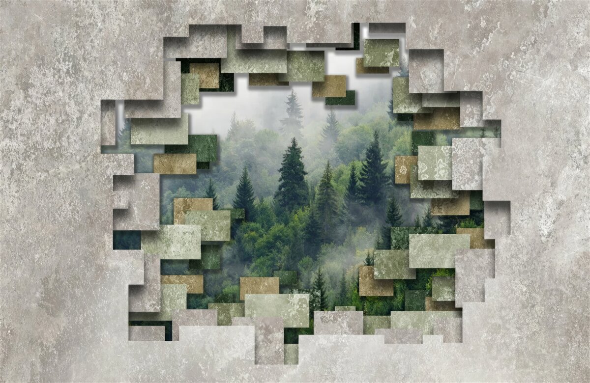 Фотошпалери Стіна в руїнах і хвойні дерева в лісі