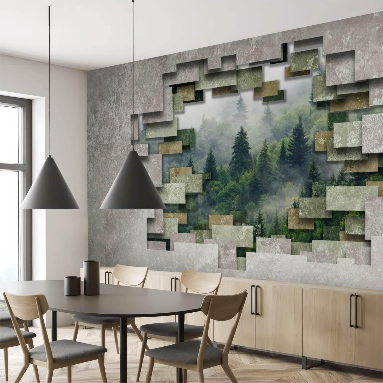 Фотошпалери Стіна в руїнах і хвойні дерева в лісі