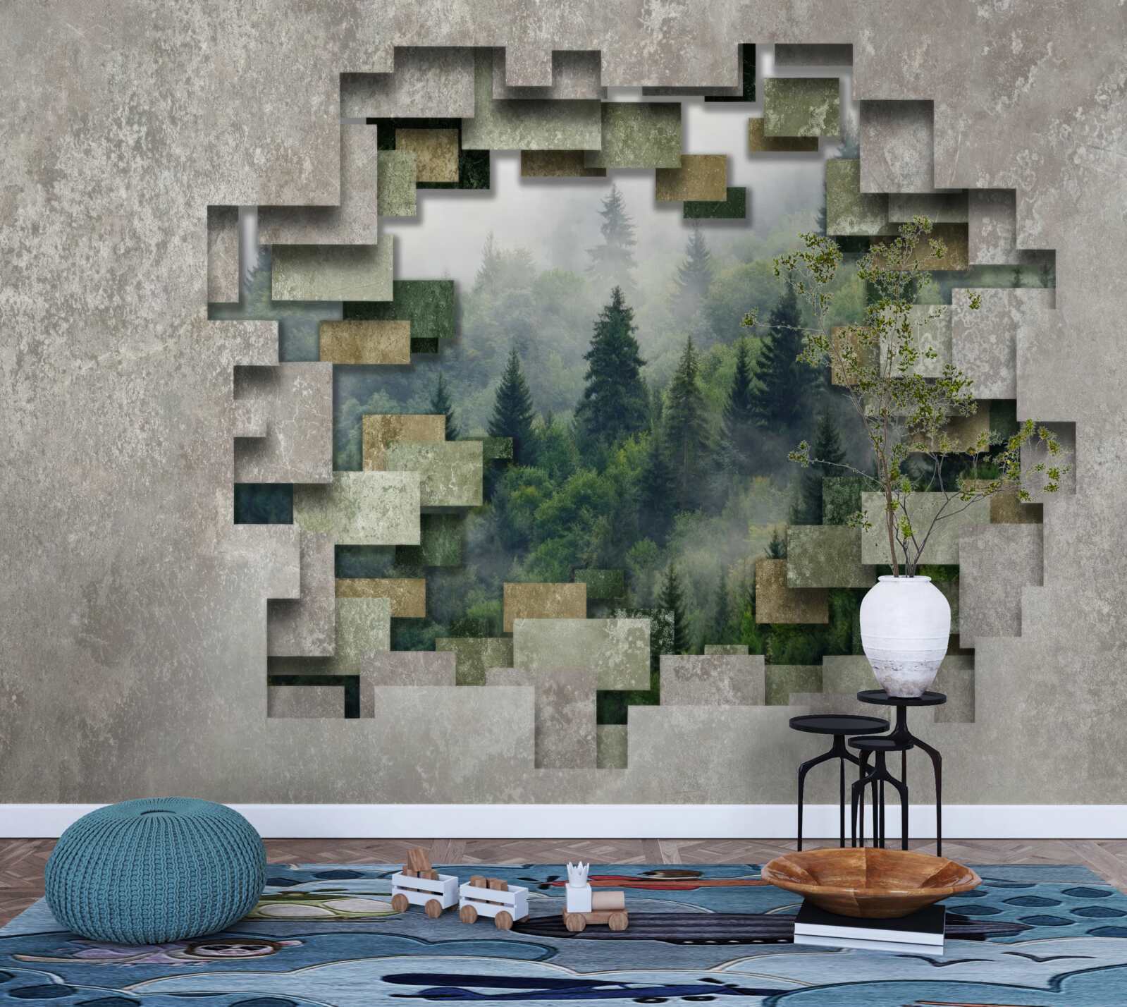 Фотошпалери Стіна в руїнах і хвойні дерева в лісі