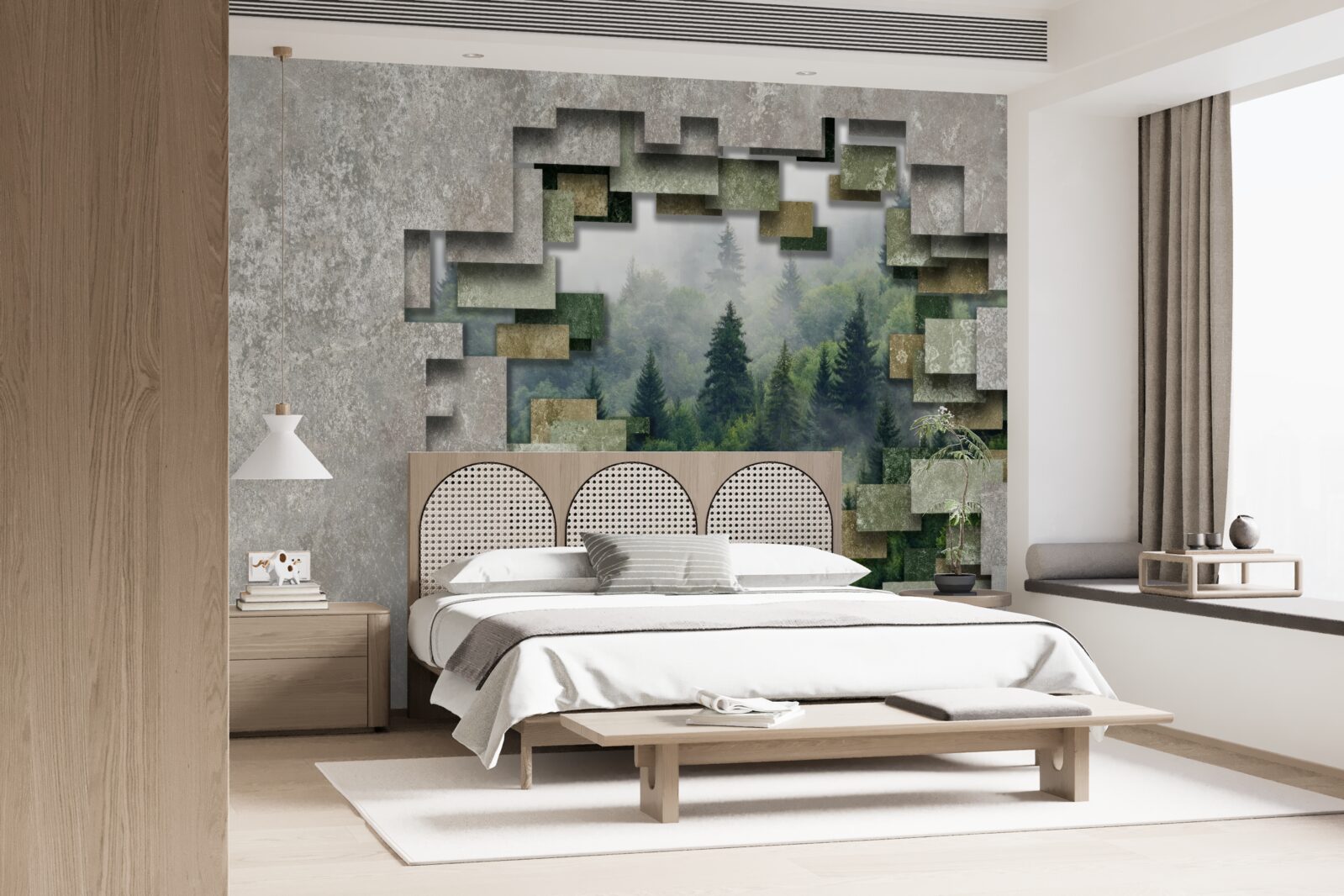 Фотошпалери Стіна в руїнах і хвойні дерева в лісі