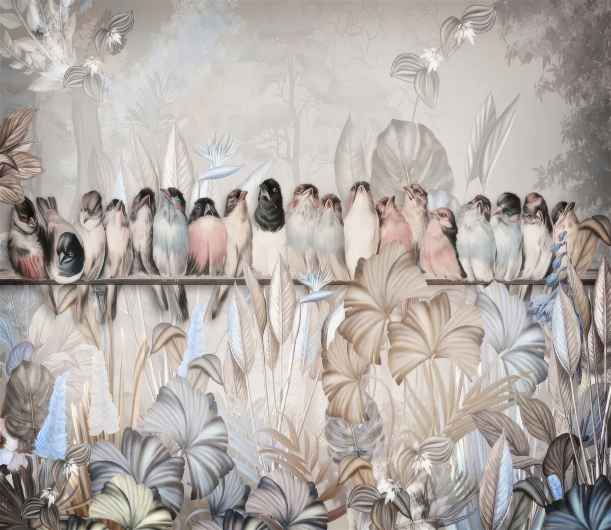 Фотошпалери багато птахів сидять на палиці