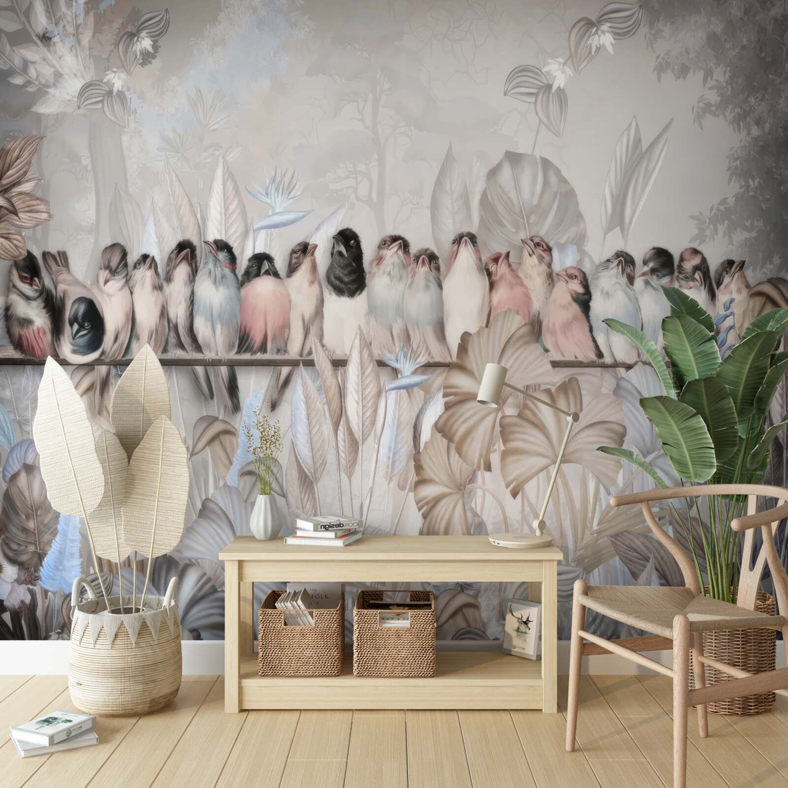 Фотошпалери багато птахів сидять на палиці