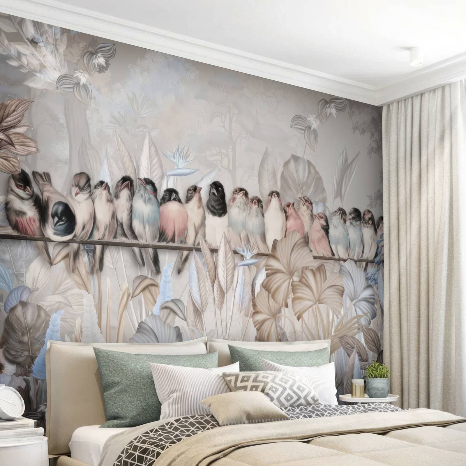 Фотошпалери багато птахів сидять на палиці