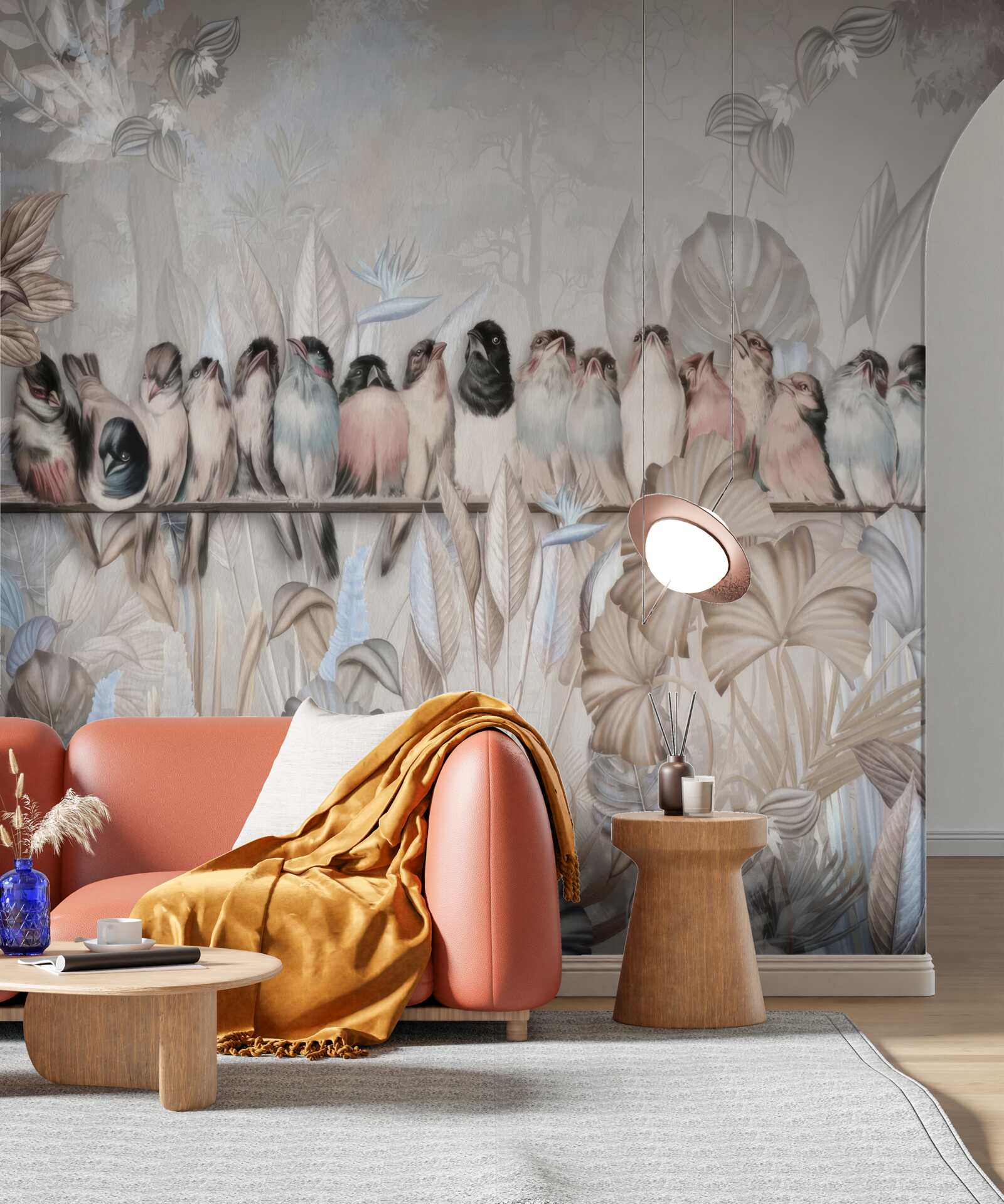 Фотошпалери багато птахів сидять на палиці