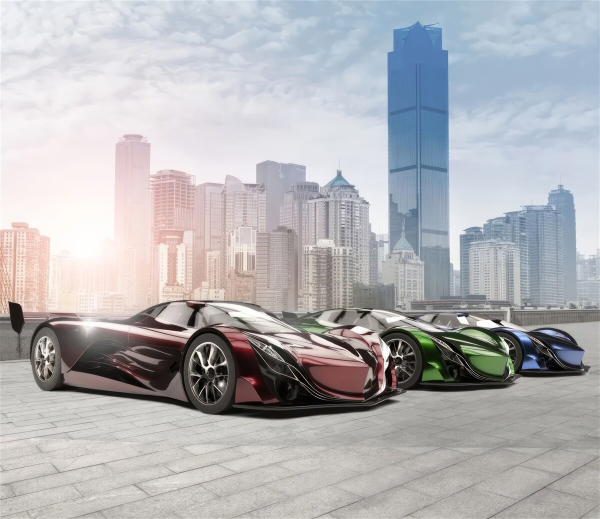 Фотошпалери три спортивні автомобілі на тлі великого міста