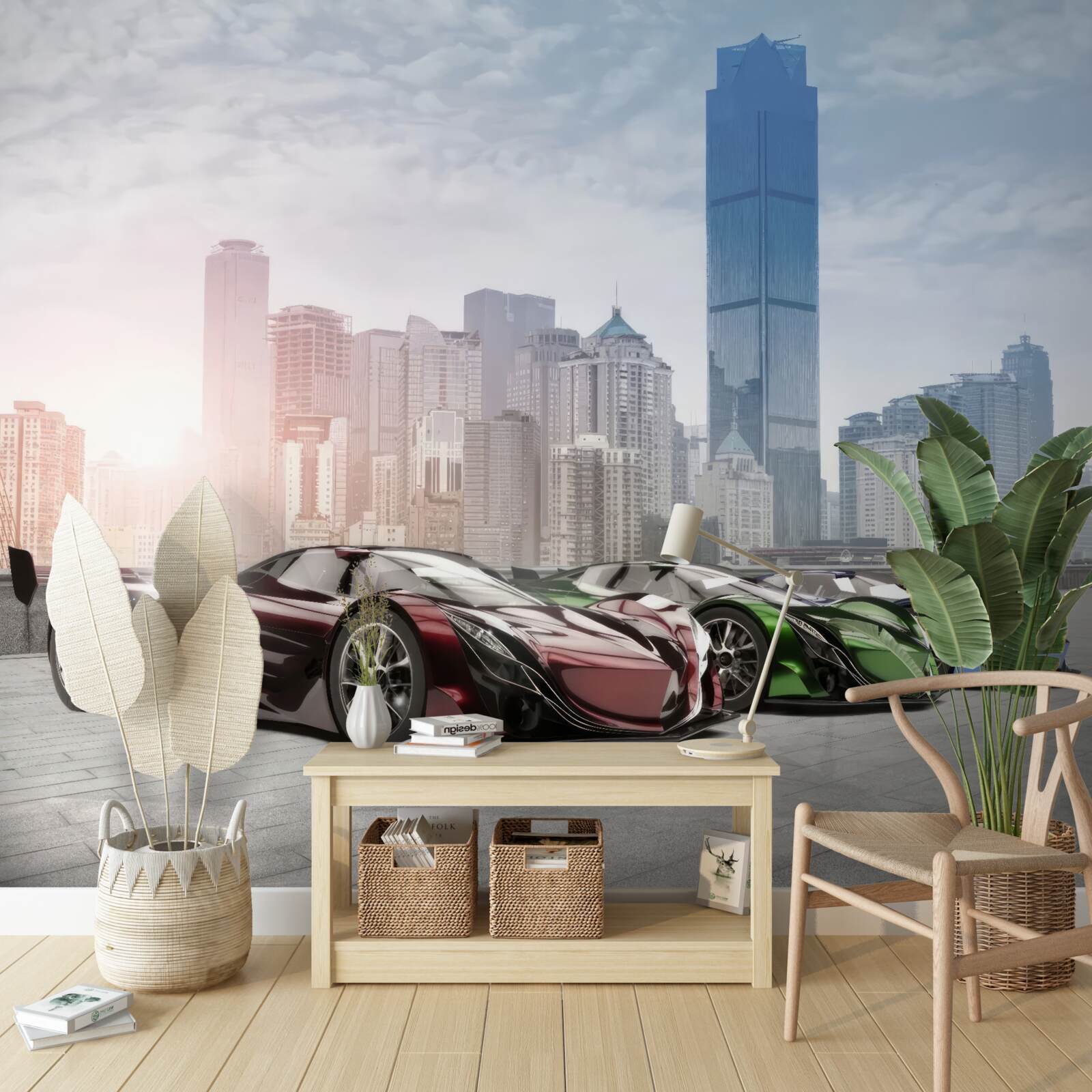 Фотошпалери три спортивні автомобілі на тлі великого міста