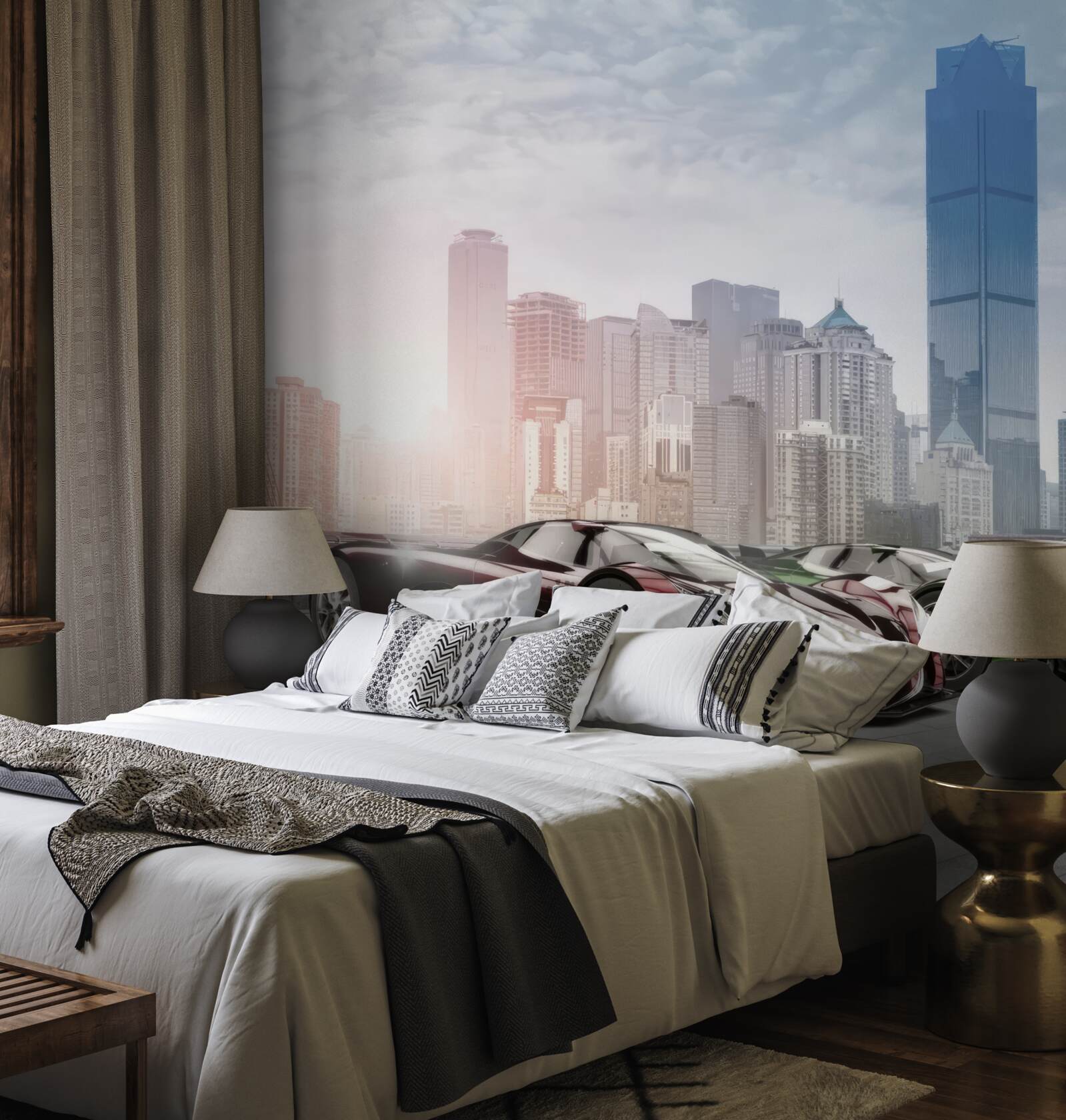 Фотошпалери три спортивні автомобілі на тлі великого міста