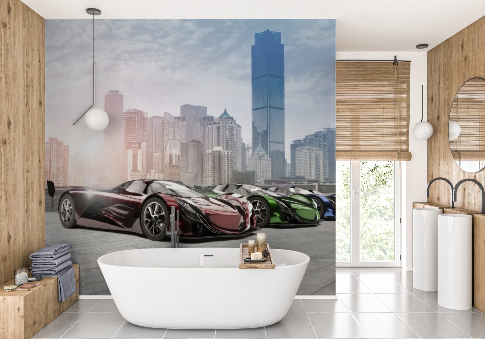 Фотошпалери три спортивні автомобілі на тлі великого міста