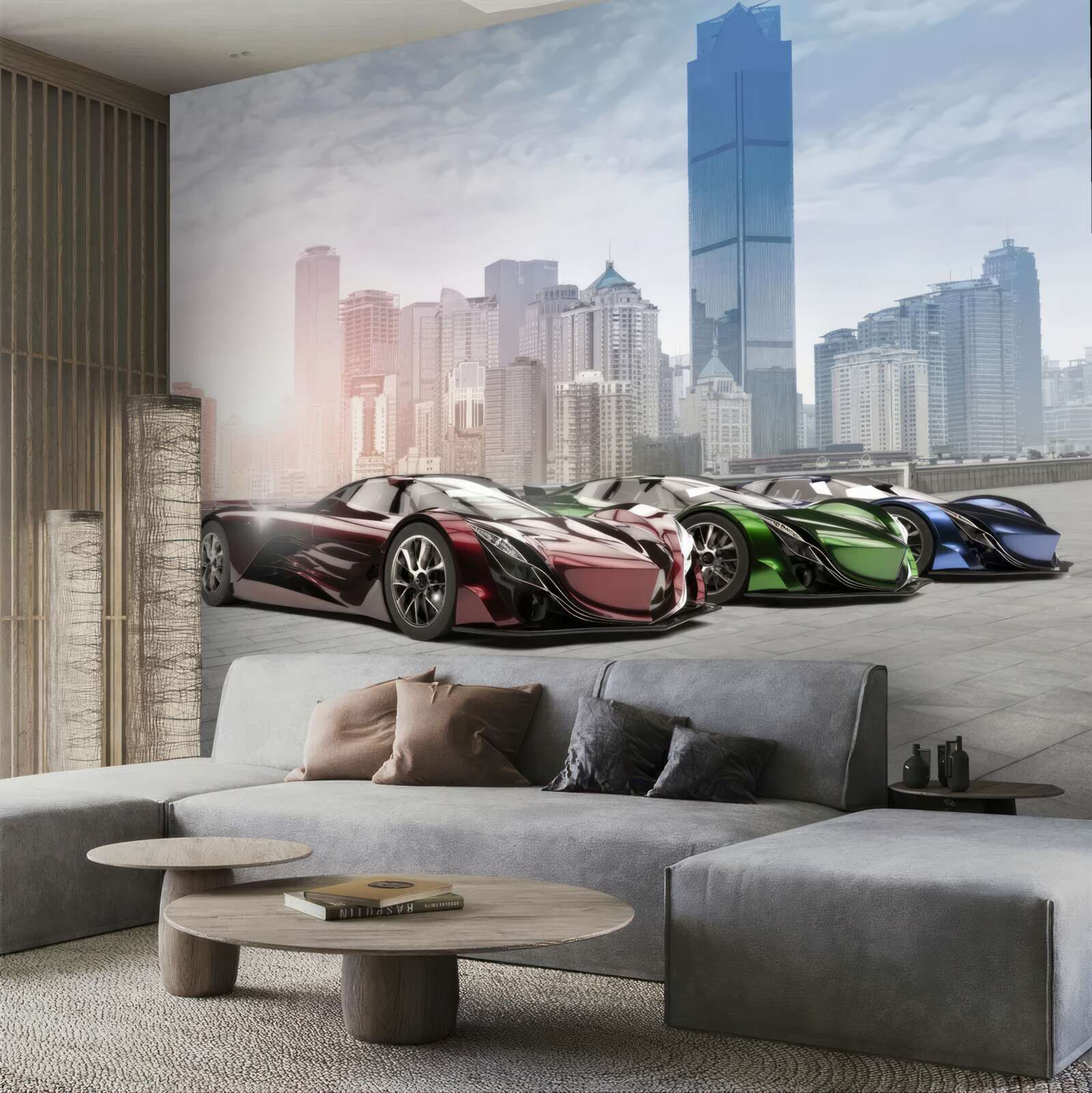 Фотошпалери три спортивні автомобілі на тлі великого міста