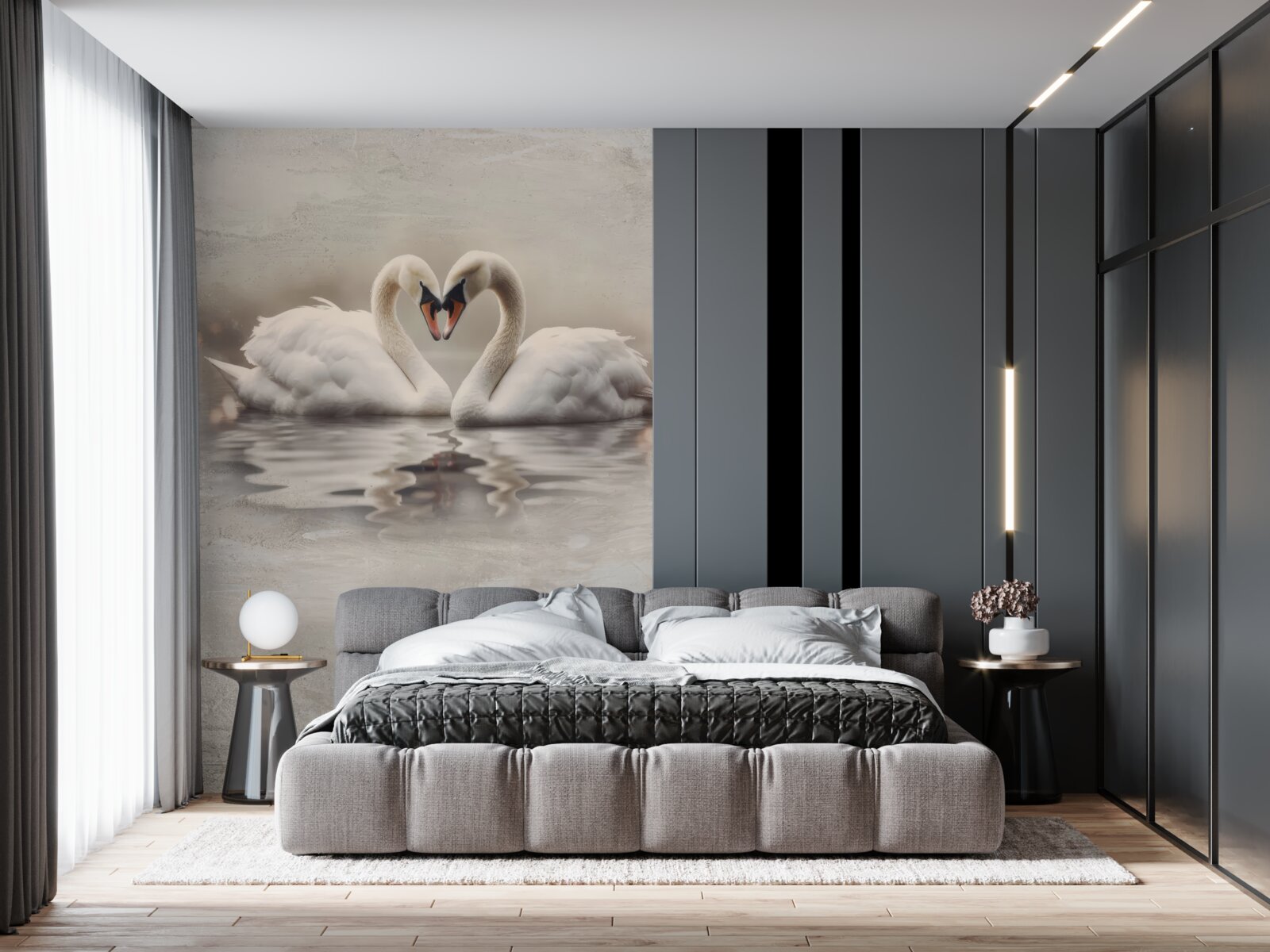 Фотошпалери пара білосніжних лебедів