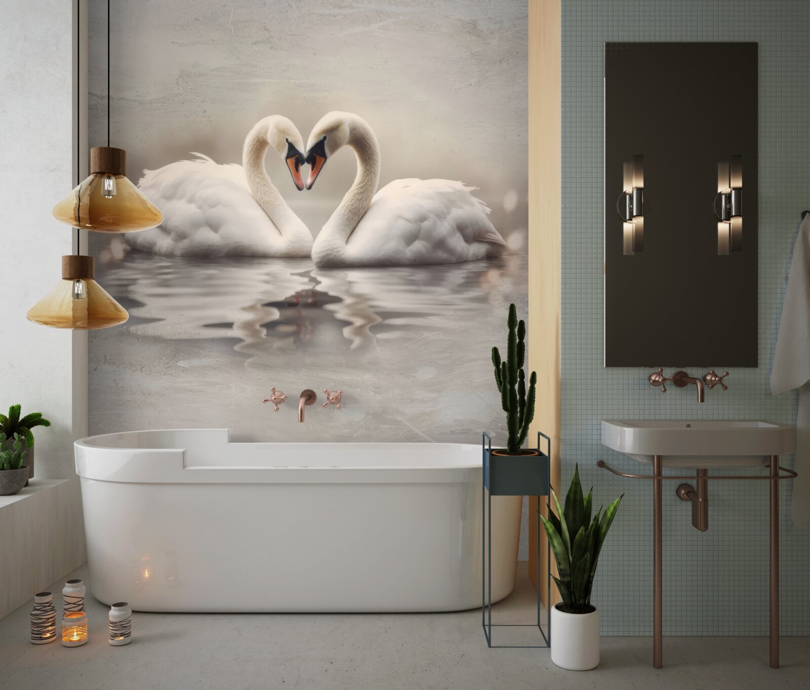 Фотошпалери пара білосніжних лебедів