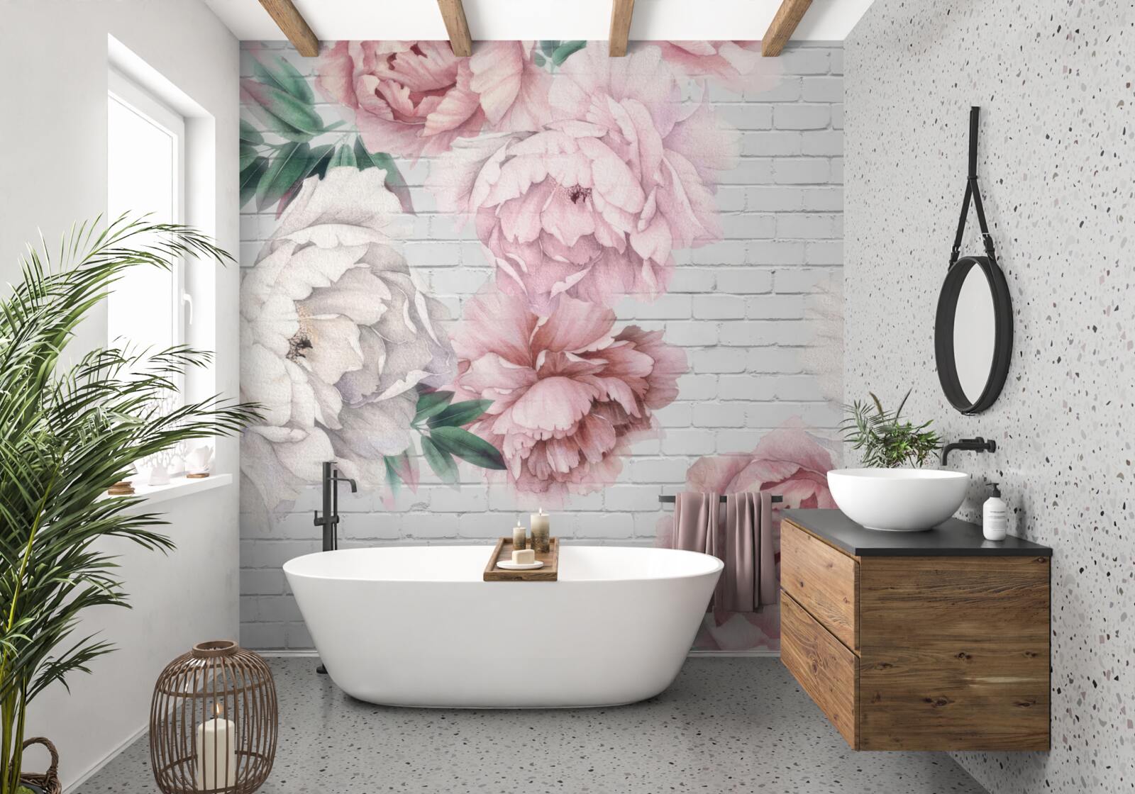 Фотошпалери півонії з рожевими та білими квітами