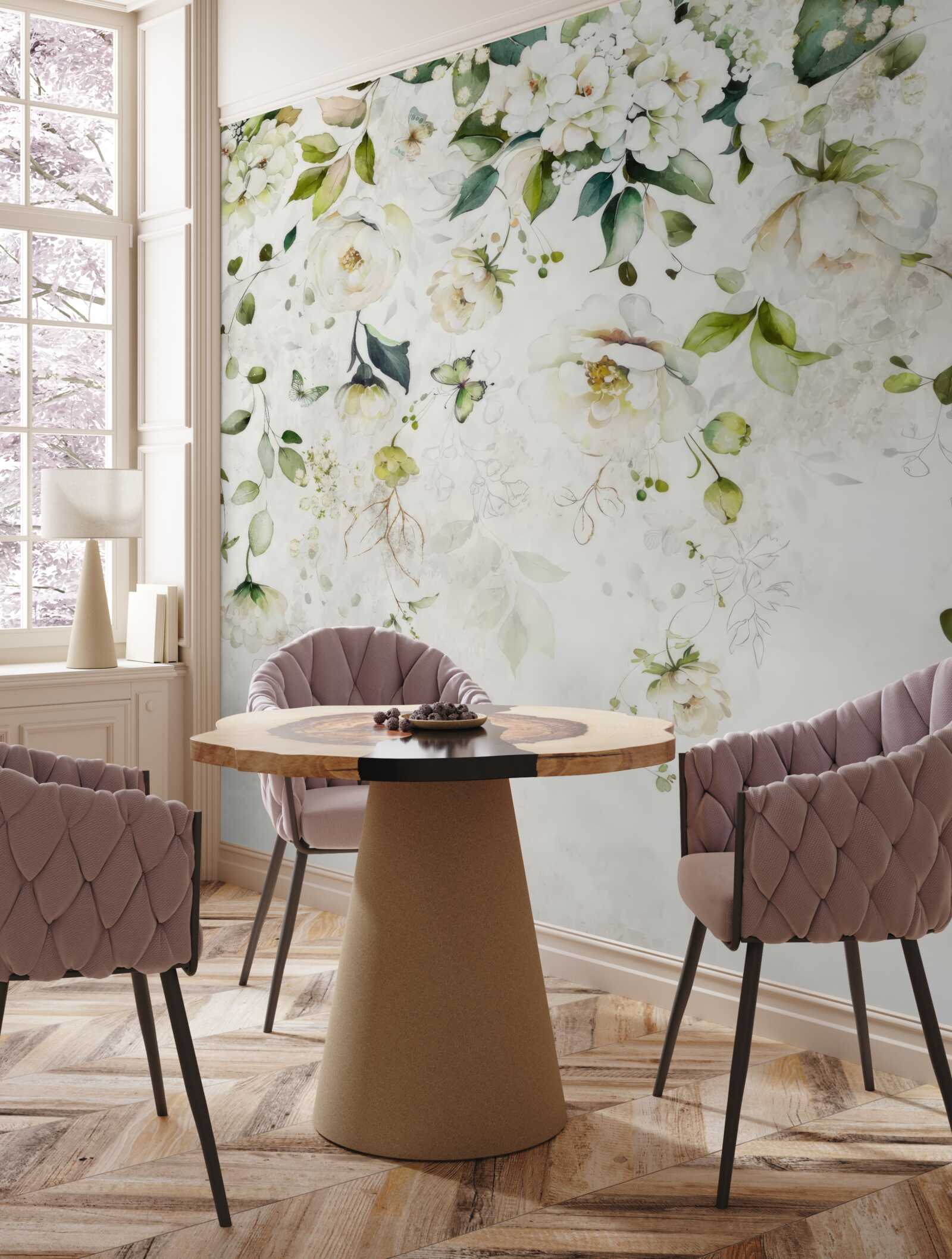 Фотошпалери звисають гілки, прикрашені білими квітами