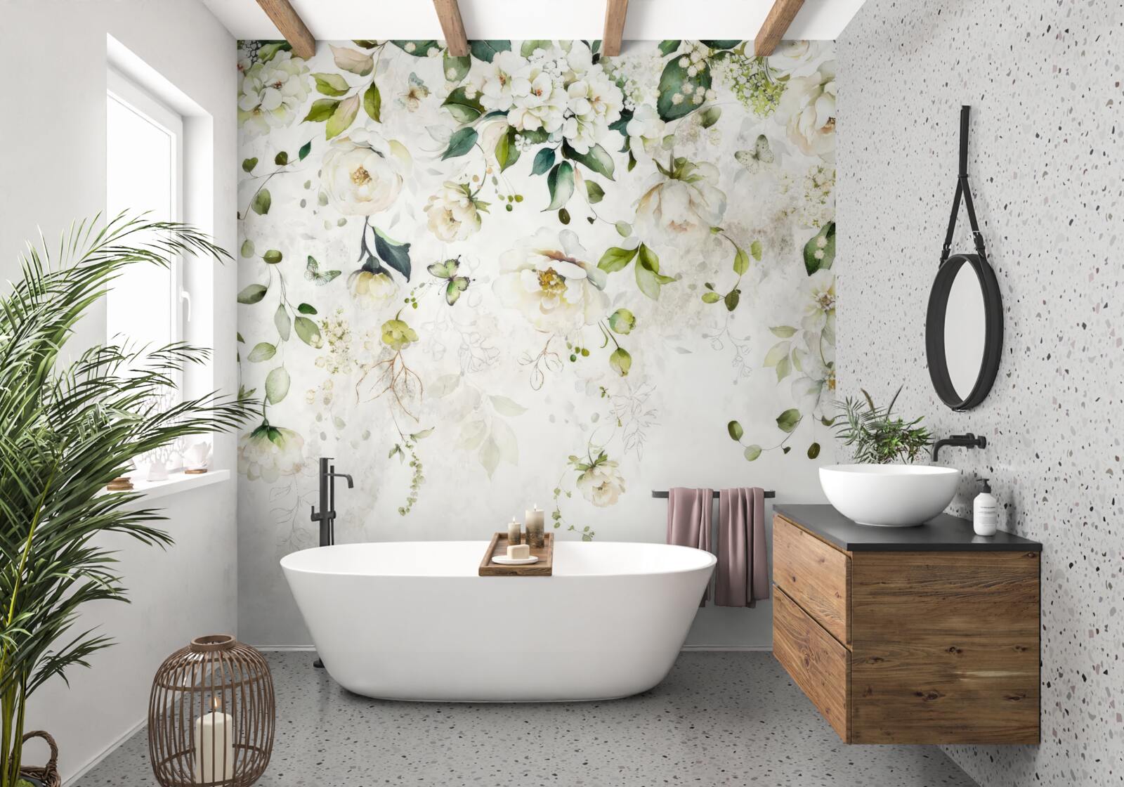 Фотошпалери звисають гілки, прикрашені білими квітами