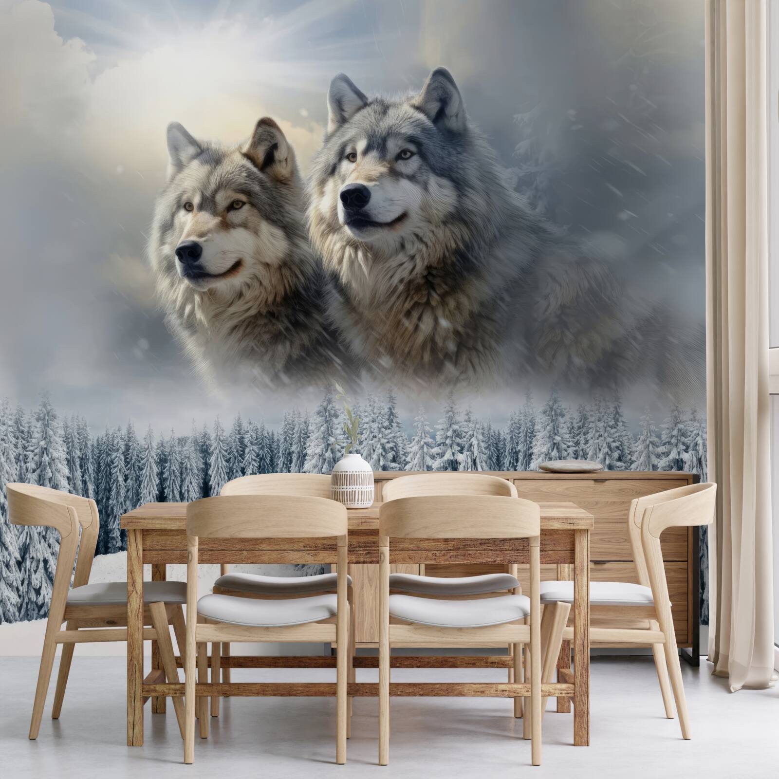 Фотошпалери два вовки на тлі засніженого лісу