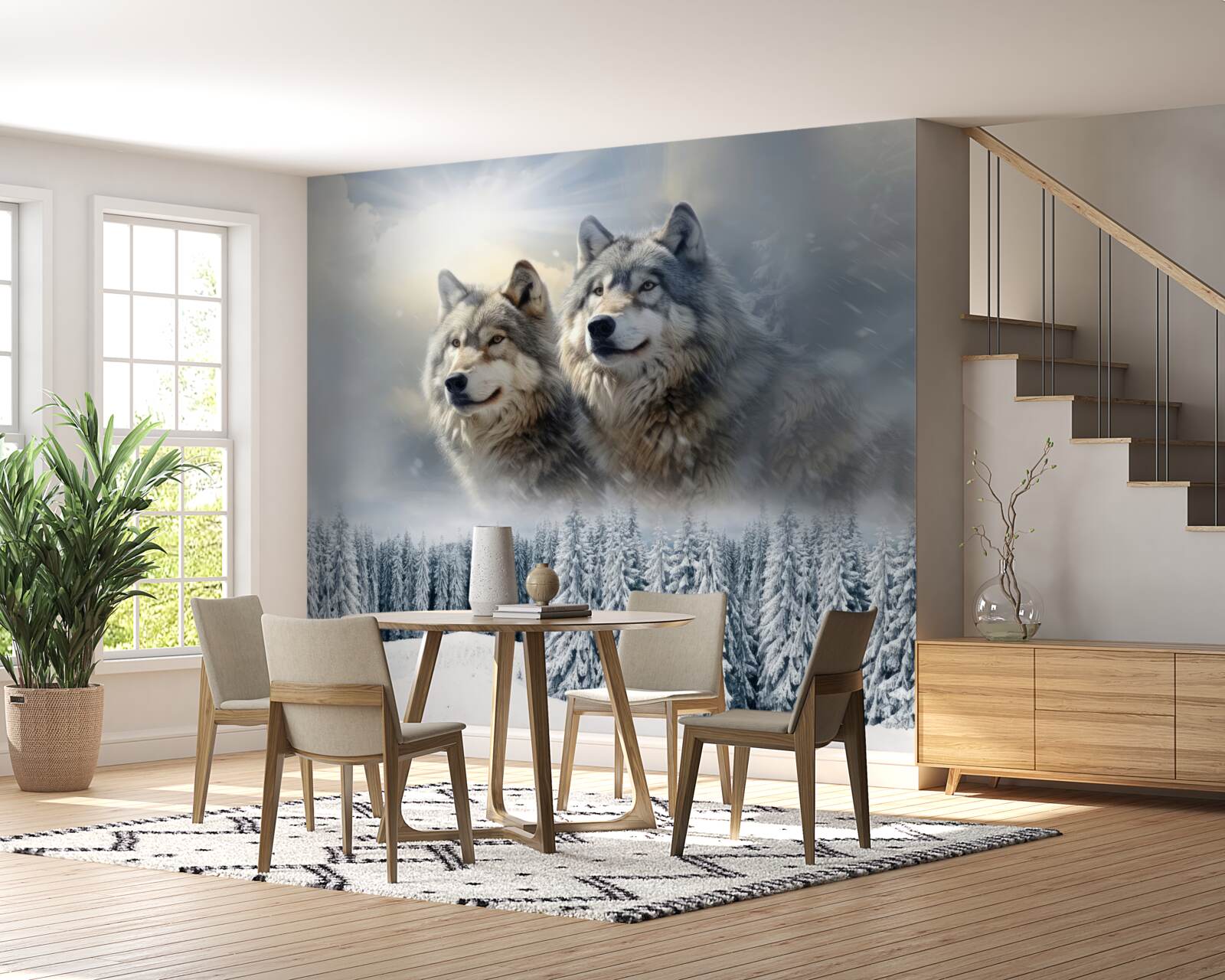 Фотошпалери два вовки на тлі засніженого лісу