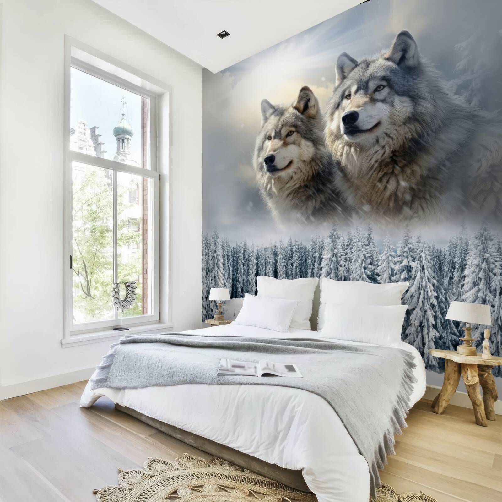 Фотошпалери два вовки на тлі засніженого лісу