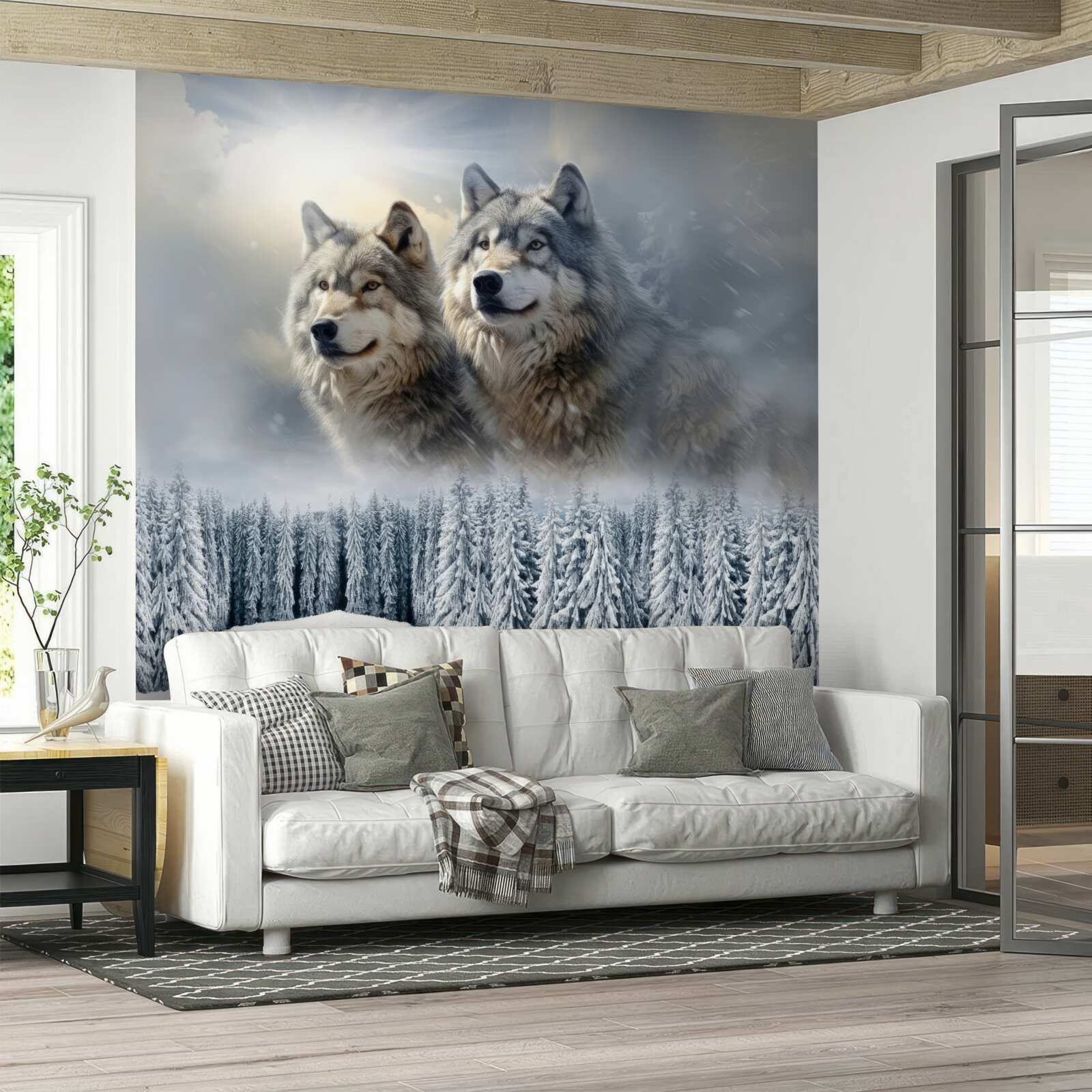 Фотошпалери два вовки на тлі засніженого лісу