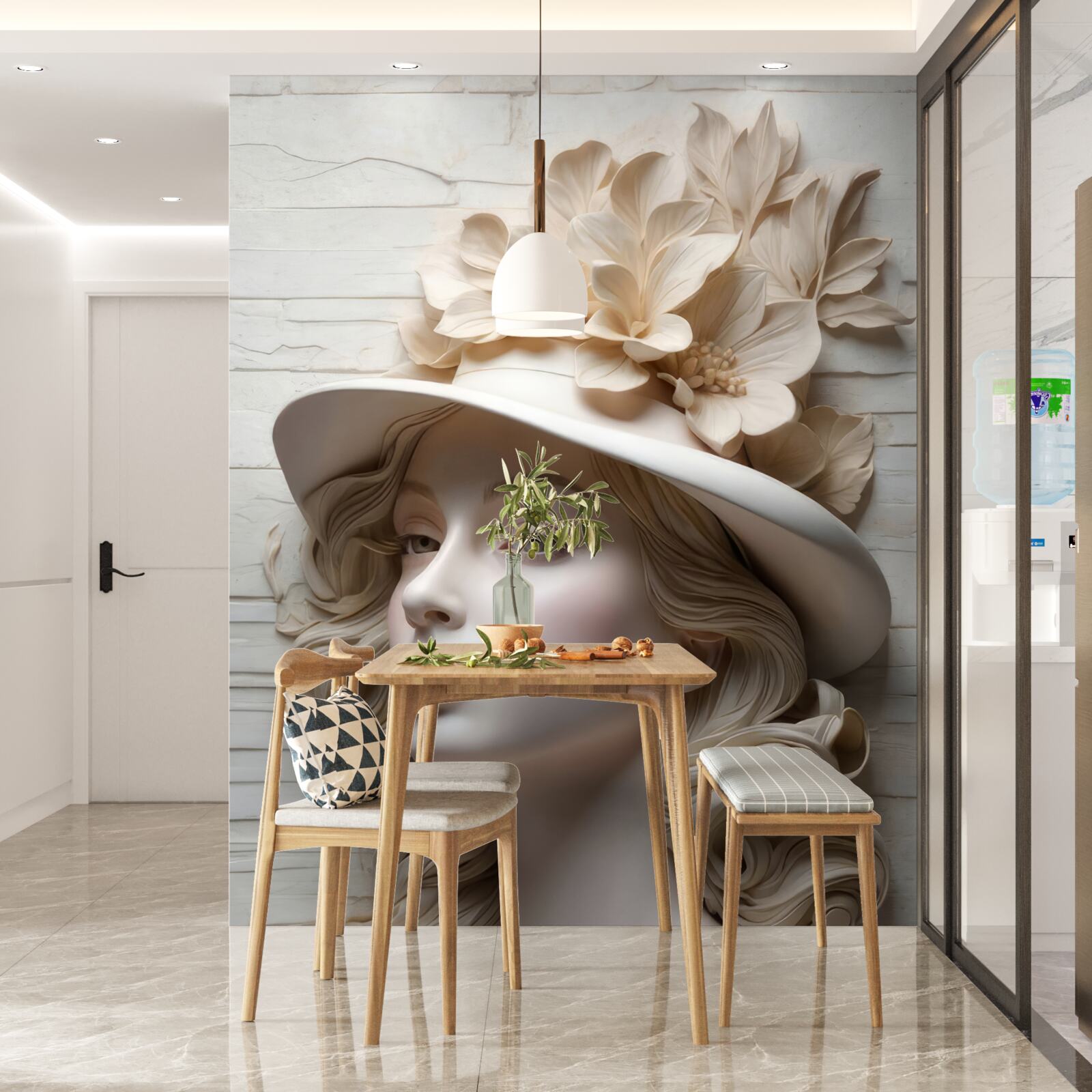 Фотошпалери приваблива жінка в капелюшку, прикрашеному квітами